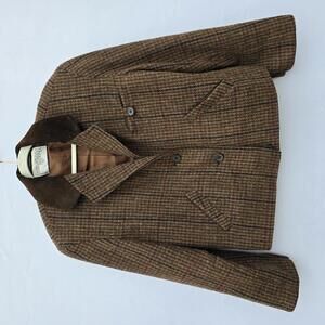 International Scene Brown Plaid Tweed Jacket with Suede Collar – Size L